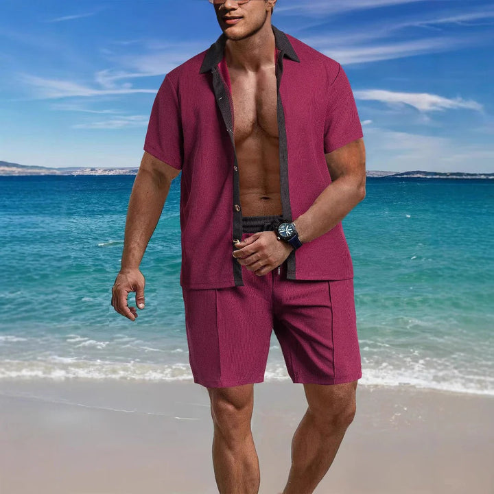 Men’s Shirt and Shorts Set - Relaxed Fit - Cotton Blend - Short Sleeve Button-Down