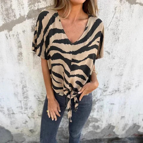 Women’s Blouse - Relaxed Fit - V-Neck - Tie-Front Detail - Short Sleeve - Breathable Blend