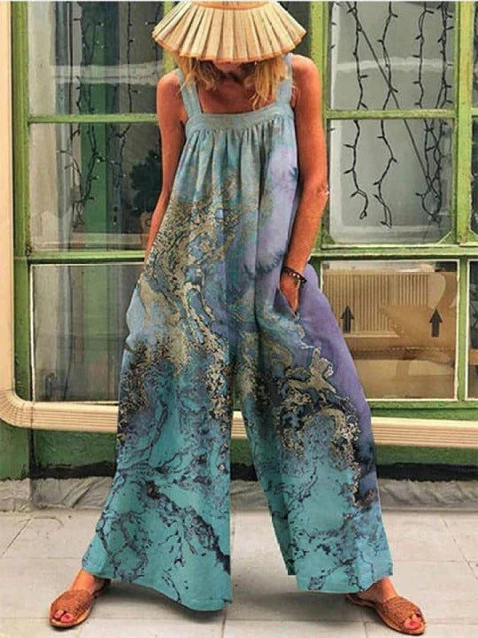 Women’s Wide-Leg Overall – Relaxed Fit – Sleeveless – Artistic Print – Breathable Cotton