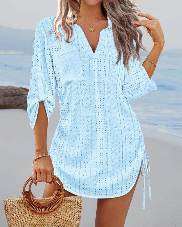 Women’s Beach Dress – Eyelet Lace – Relaxed Fit – V-Neck – Adjustable Waist Ties