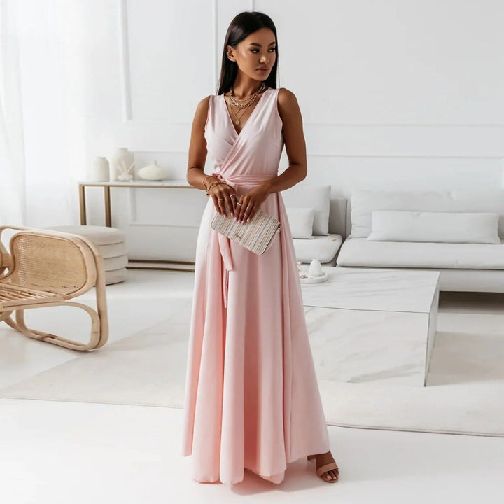 Women’s Maxi Dress - Luxury Fabric - Sleeveless Wrap V-Neck - Tie Waist Elegant Fit