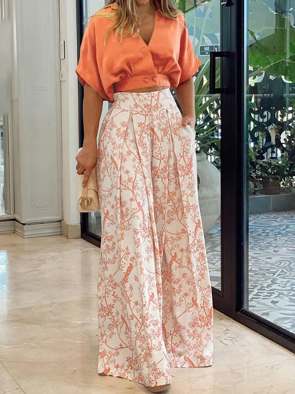 Women’s Two-Piece Set – Relaxed Fit Top with Dolman Sleeves – High-Waisted Wide-Leg Pants – Breathable Blend