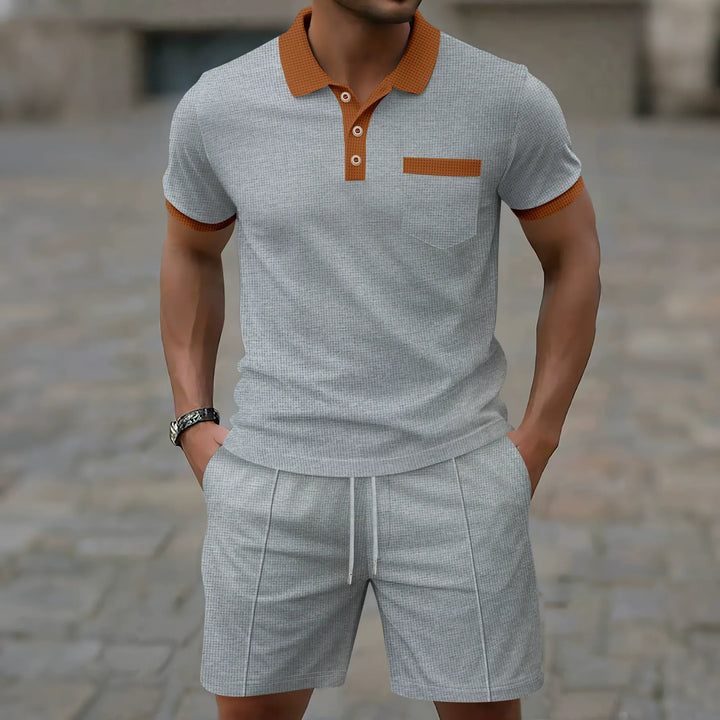 Men’s Polo Shirt and Shorts Set - Slim Fit - Half Button - Chest Pocket