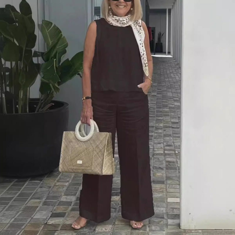 Women’s Two-Piece Set – Relaxed Fit – Cotton Linen – Sleeveless Top – Wide-Leg Pants