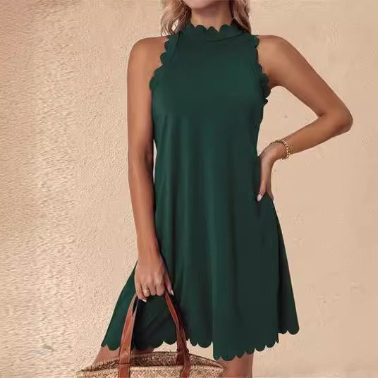 Women’s A-Line Dress – Mini Length – Cotton – Ruffled Hem – Scalloped Neckline
