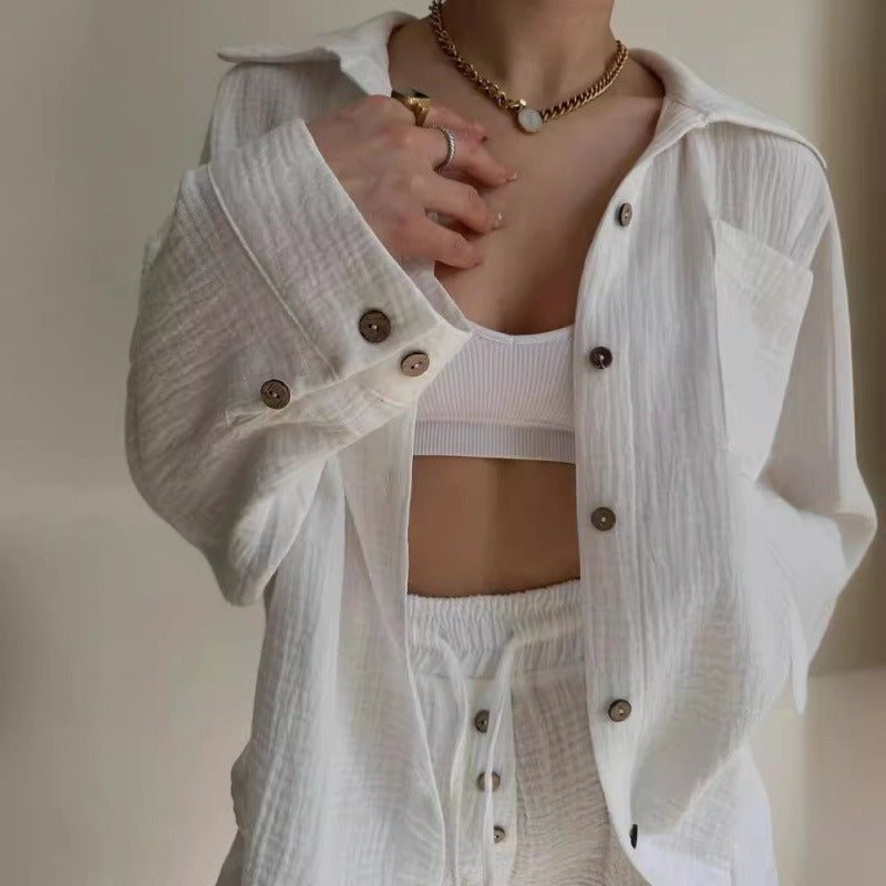 Women’s Two-Piece Set – Relaxed Fit Button Shirt – High Waist Drawstring Shorts – Cotton