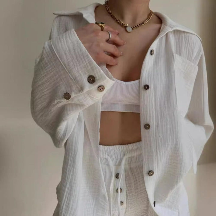 Women’s Two-Piece Set – Relaxed Fit Button Shirt – High Waist Drawstring Shorts – Cotton