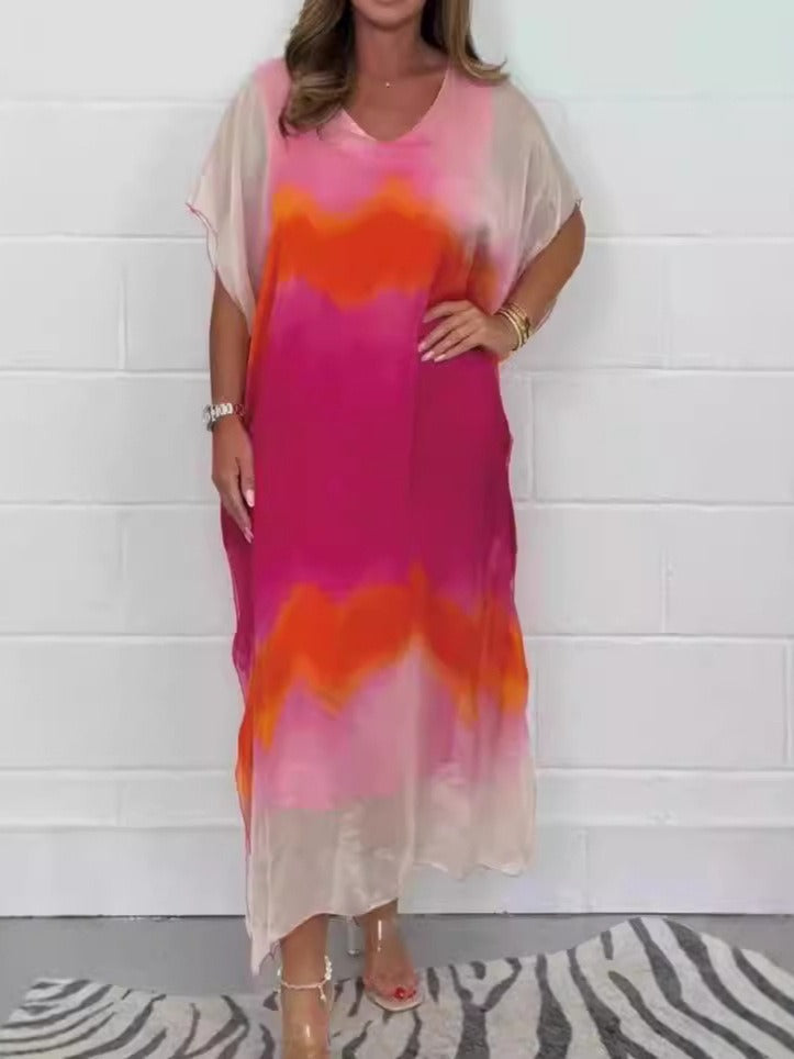 Women’s Maxi Dress – Chiffon – V-Neck – Short Sleeve – Flowy Fit – Ombre Gradient