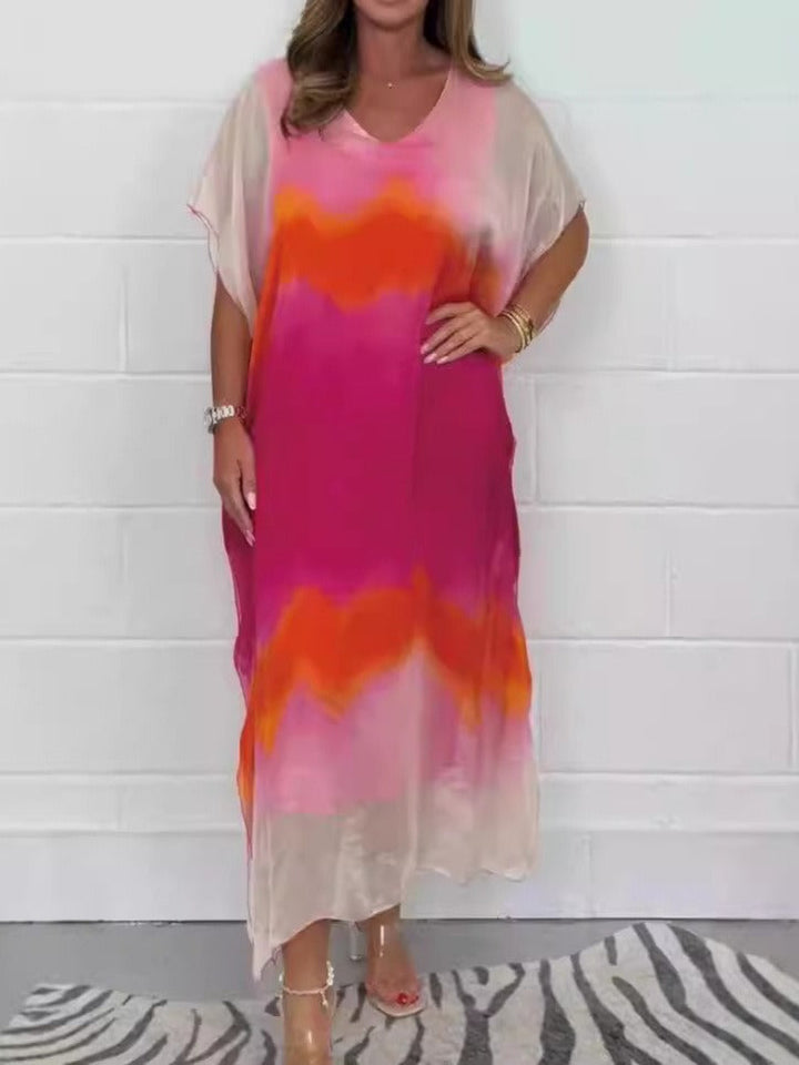 Women’s Maxi Dress – Chiffon – V-Neck – Short Sleeve – Flowy Fit – Ombre Gradient