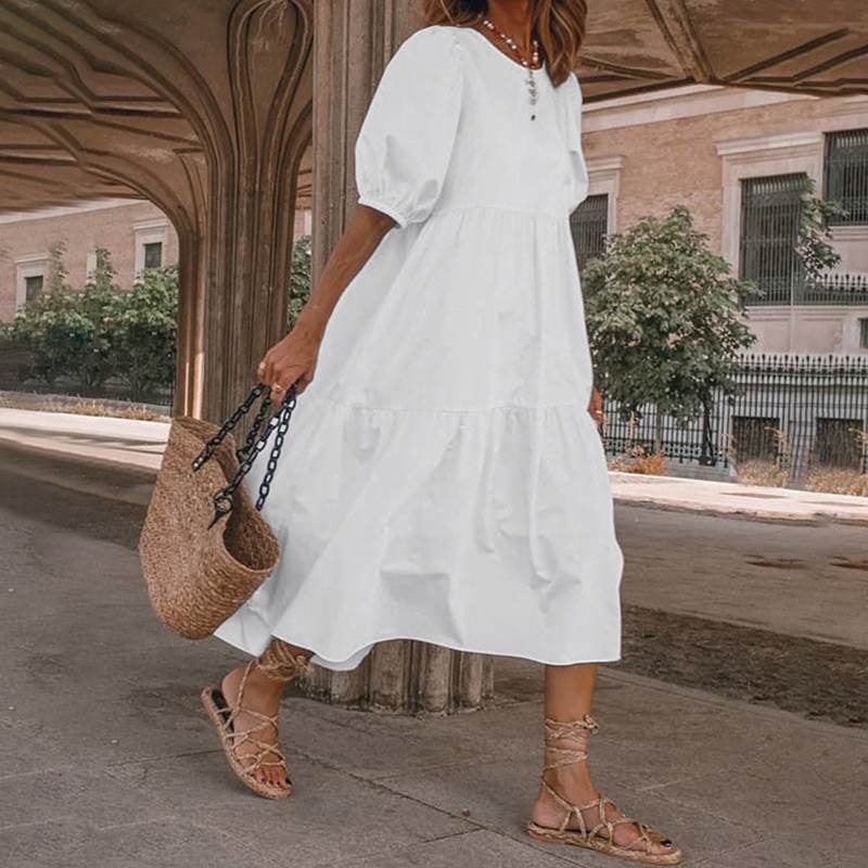 Women’s Midi Dress – Cotton Blend – A-Line Fit – V-Neck Boho Style – Puff Sleeves