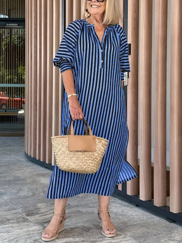 Women’s Midi Dress – V-Neck – Flutter Sleeve – Striped – Relaxed Fit – Cotton Blend