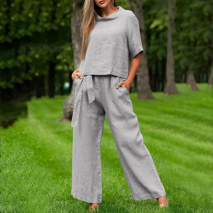 Women’s Two-Piece Set – Relaxed Fit – Short Sleeve Top – Wide-Leg Pants – Cotton