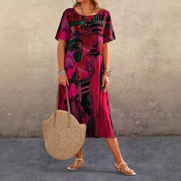 Women’s Casual Dress – Relaxed Fit – Short Sleeve – Abstract Print – Round Neck – Midi Length