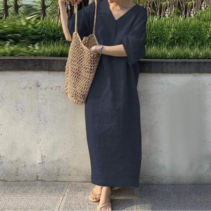 Women’s Maxi Dress – Cotton Linen – V-Neck – Short Sleeve – Relaxed Fit Casual Wear
