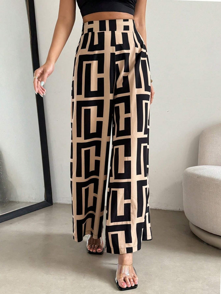 Women’s Wide-Leg Pants – High Waist – Relaxed Fit – Geometric Print