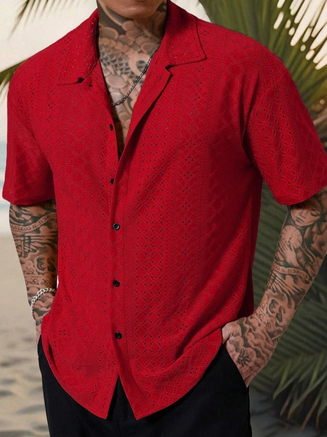 Men’s Casual Shirt - Cotton - Hollow Jacquard Texture - Regular Fit - Short Sleeve