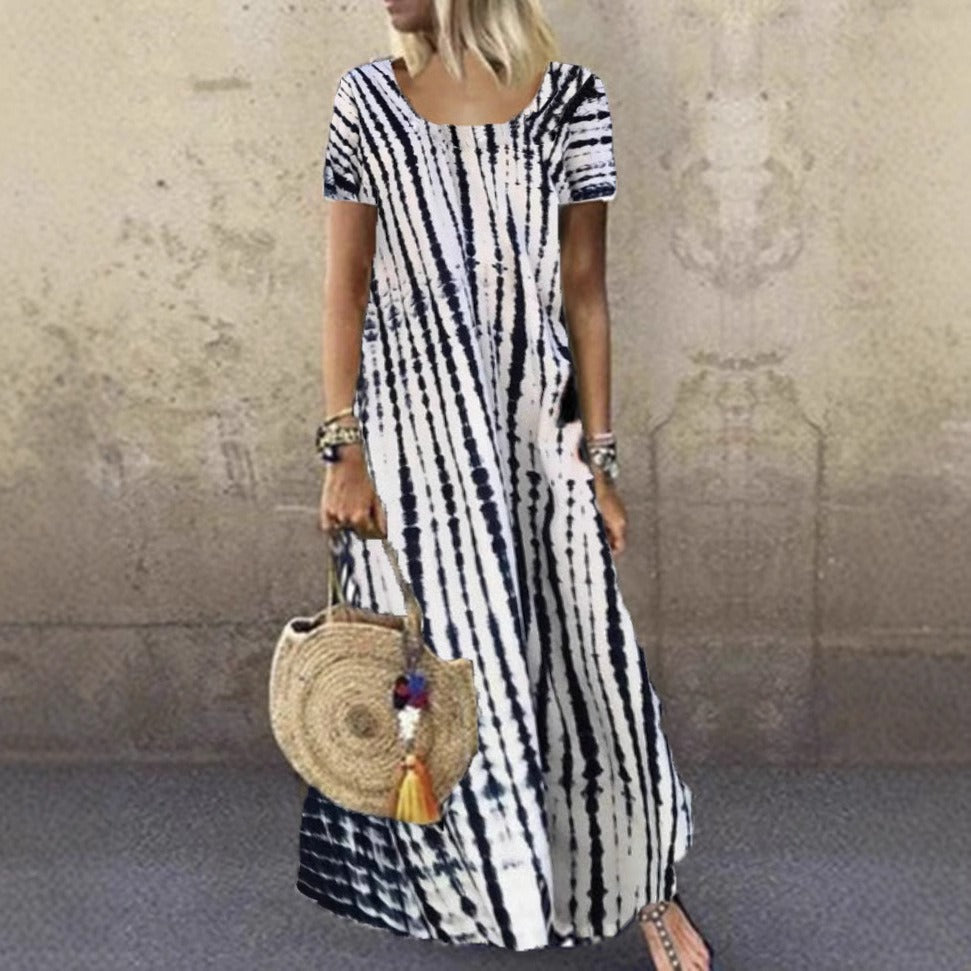 Women’s Maxi Dress – Loose Fit – Tie-Dye Print – Short Sleeve – Breathable Cotton Fabric