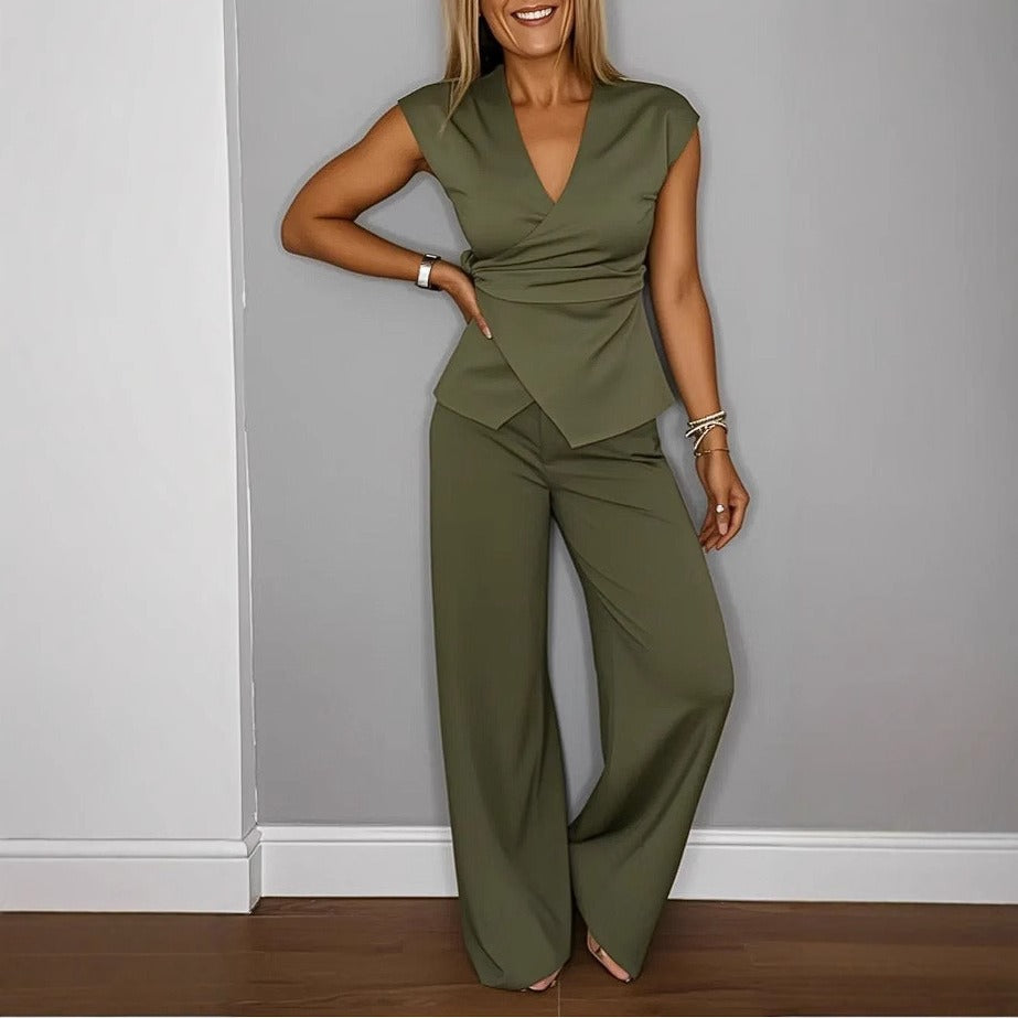 Women’s Two-Piece Set – V-Neck Wrap Top – High-Waist Wide-Leg Trousers – Tailored Fit