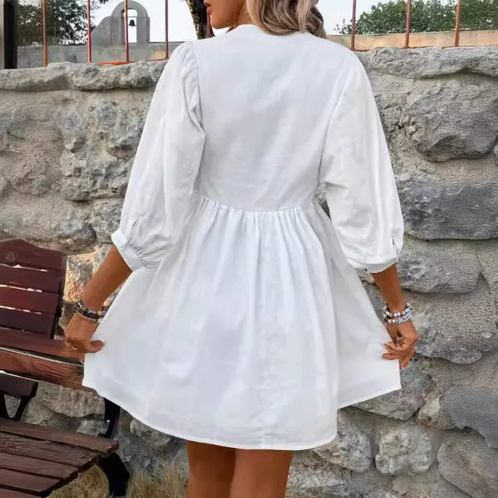 Women’s Dress – Cotton Blend – A-Line Fit – Lace Detail – High Neck – Puff Sleeve