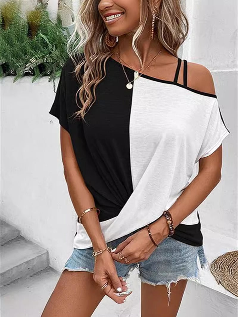 Women’s T-Shirt – Relaxed Fit – Off Shoulder – Strap Detail – Cotton – Colorblock Design