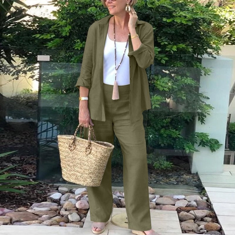 Women’s Two-Piece Set – Relaxed Fit – Linen Blend – Open-Front Shirt & Wide-Leg Pants