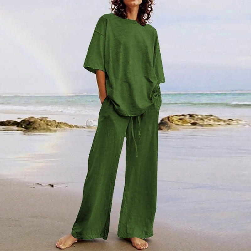 Women’s Two-Piece Set – Relaxed Fit Top with O-Neck – Wide-Leg Pants with Pockets