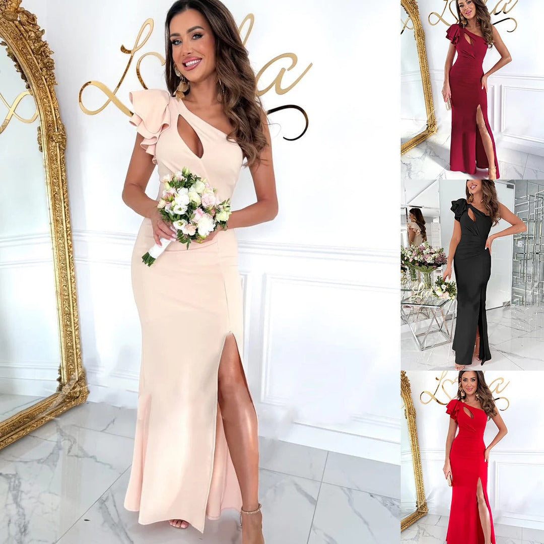 Women’s Evening Gown – Slim Fit – Satin Feel – Asymmetrical Neckline – Ruffle Shoulder