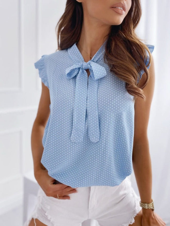 Women’s Sleeveless Blouse - Relaxed Fit - Bow Tie Neck - Polka Dot - Ruffle Trim