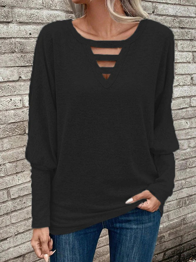 Women’s Long-Sleeve Top – Soft Knit – Relaxed Fit – V-Neck with Cut-Out Detail
