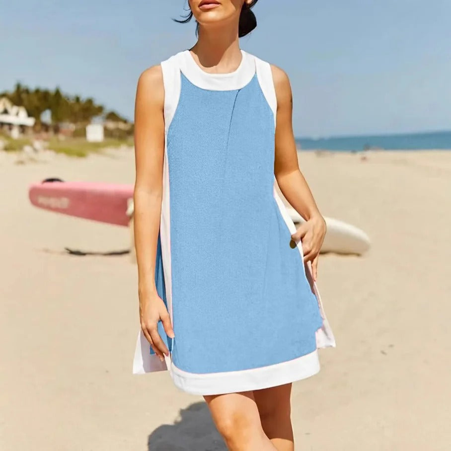 Women’s Mini Dress – Relaxed Fit – Sporty Neckline – Side Pockets – Cotton