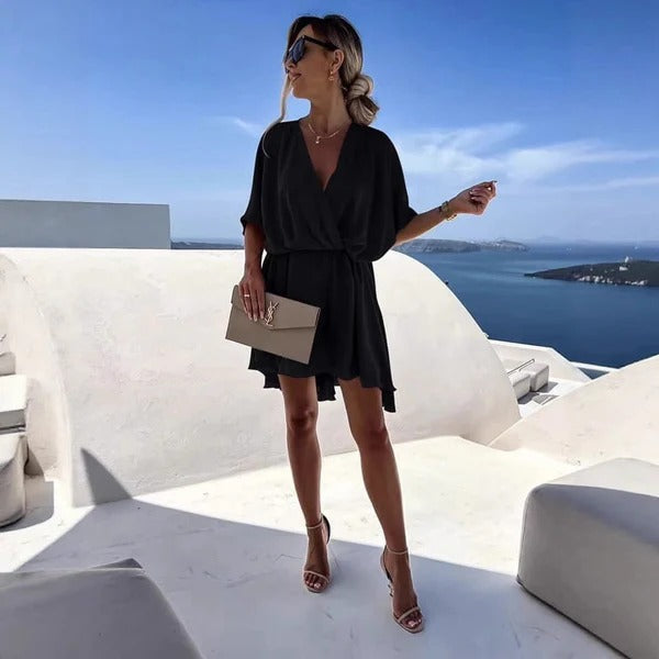 Women’s Wrap Dress – Deep V-Neck – Flutter Hem – Relaxed Fit – Lightweight Fabric