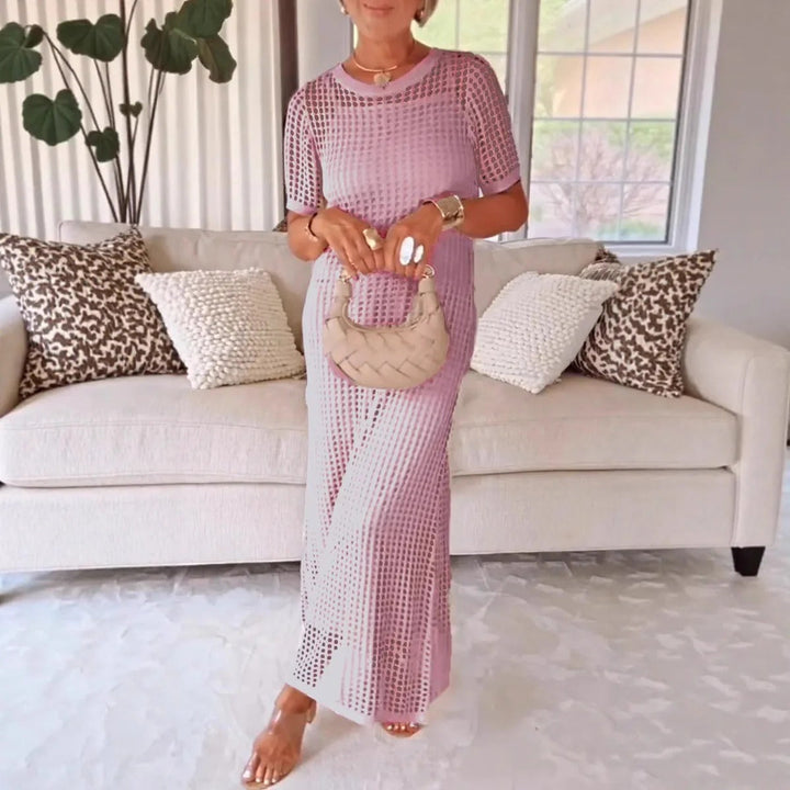 Women’s Maxi Dress - Mesh Overlay - Straight Fit - Short Sleeve Elegant Design
