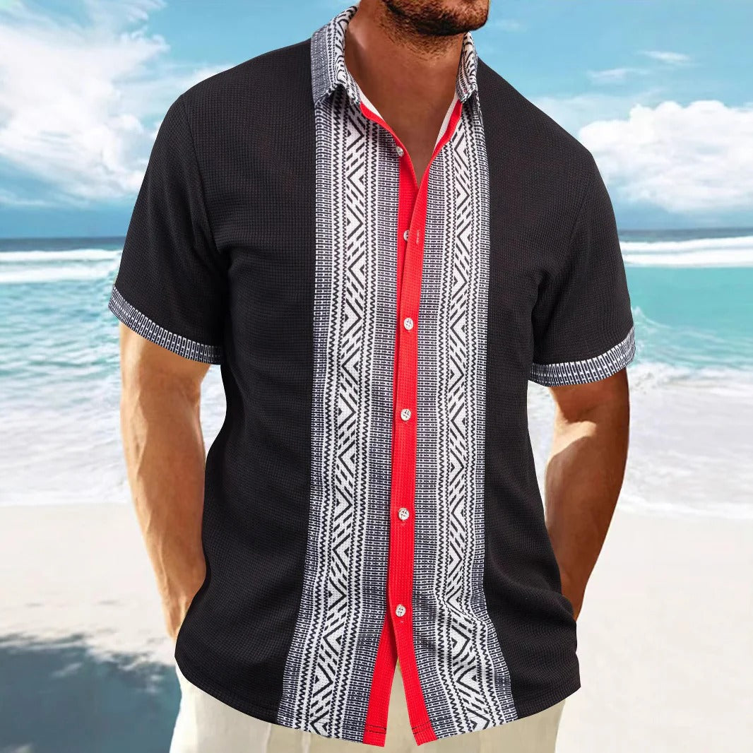 Men’s Short Sleeve Shirt - Relaxed Fit - Cotton - Ethnic Pattern - Button Down