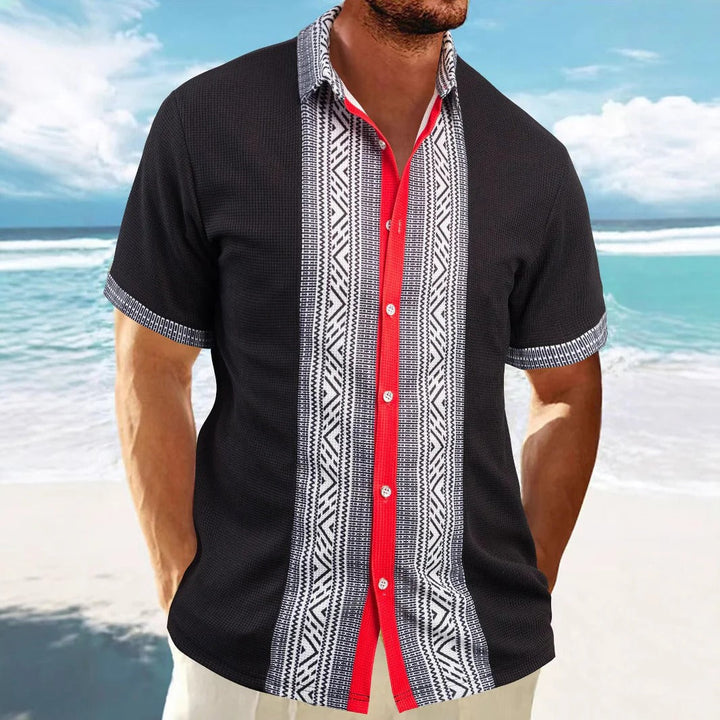 Men’s Short Sleeve Shirt - Relaxed Fit - Cotton - Ethnic Pattern - Button Down