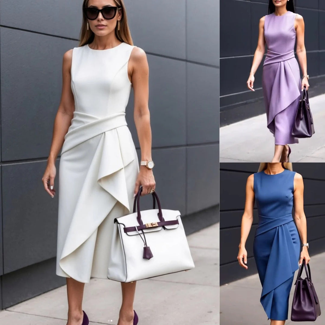 Women’s Sheath Dress - Slim Fit - Asymmetrical Draped Front - Sleeveless Elegant Wear
