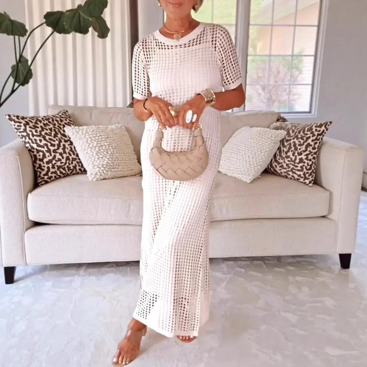 Women’s Maxi Dress - Mesh Overlay - Straight Fit - Short Sleeve Elegant Design