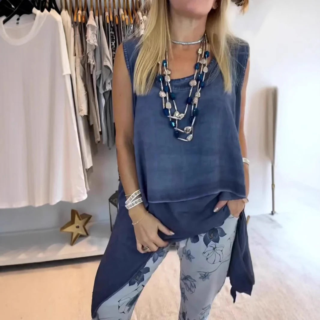 Women’s Sleeveless Top – Relaxed Fit – Asymmetric Hem – Draped Design