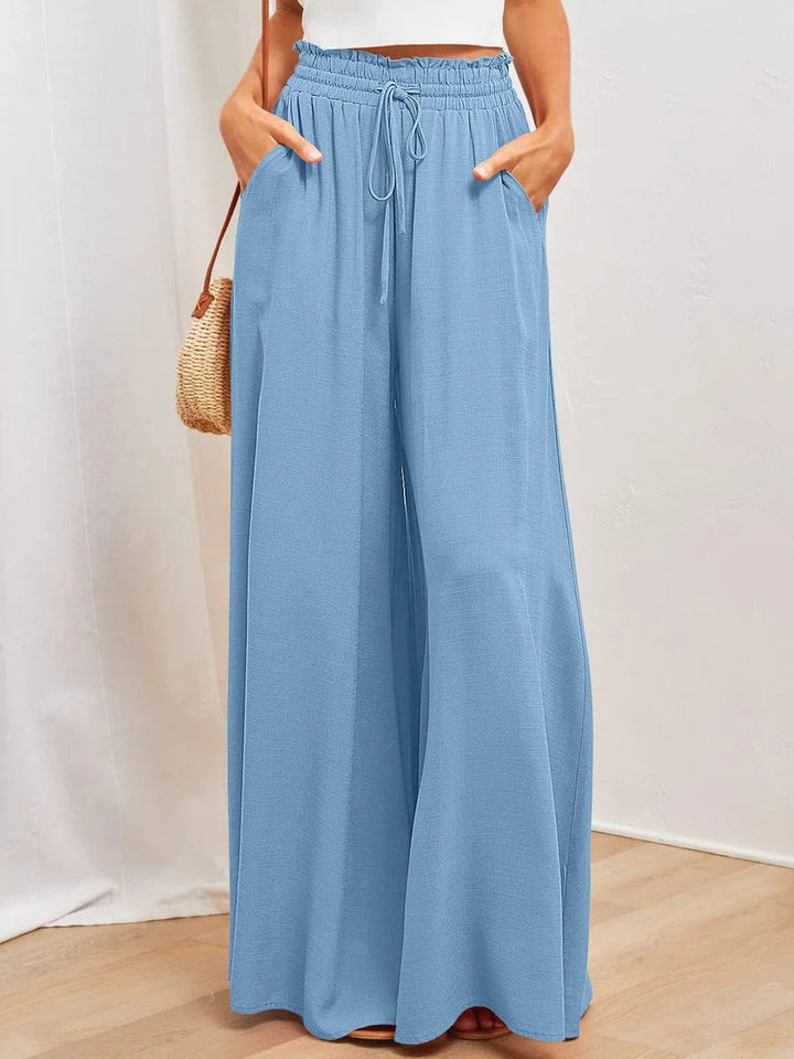 Women’s Wide-Leg Pants – Relaxed Fit – Pleated Cotton Blend – Elastic Waist with Drawstring