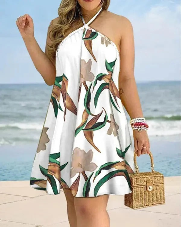 Women’s Halter Mini Dress – A-Line Fit – Floral Print – Cotton