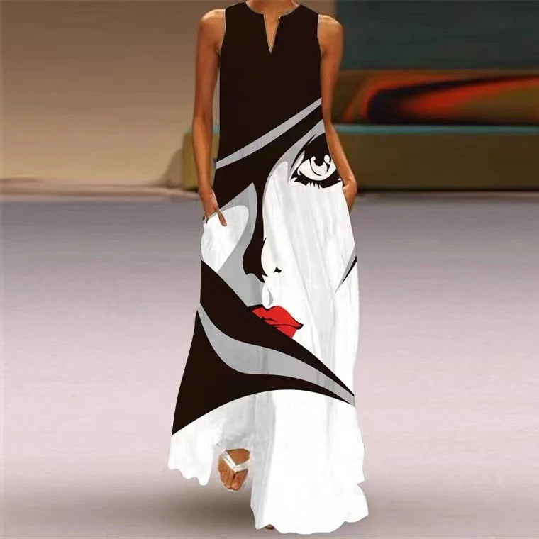 Women’s Maxi Dress – Relaxed Fit – Flowing Silhouette – Cotton Feel – V-Neck – Pockets