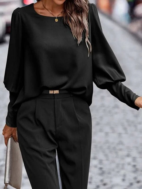 Women’s Blouse – Satin – Relaxed Fit – Puff Sleeve – Button Detail – Hip Length