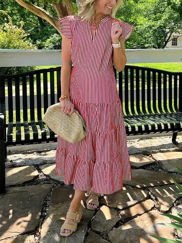 Women’s Midi Dress – Relaxed Fit – V-Neck – Tiered Skirt – Short Ruffle Sleeves – Cotton