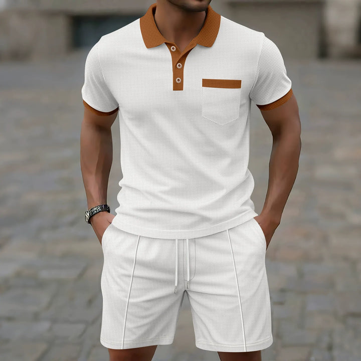 Men’s Polo Shirt and Shorts Set - Slim Fit - Half Button - Chest Pocket