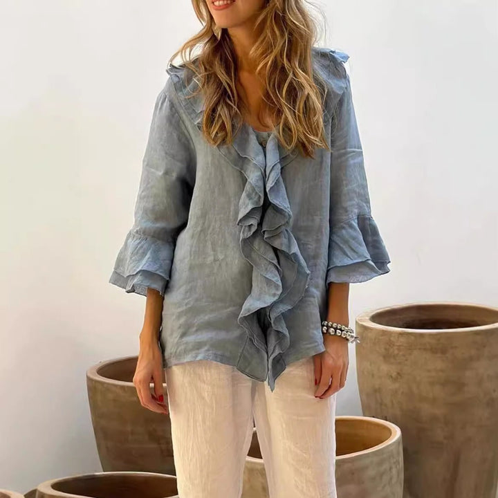 Women’s V-Neck Top – Loose Fit – Flying Sleeves – Ruffle Trim – Linen Blend