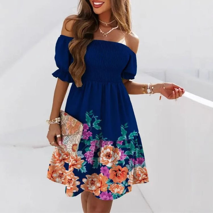 Women’s Midi Dress – Off-Shoulder Ruffle – Smocked Bodice – Puff Sleeve A-Line Fit