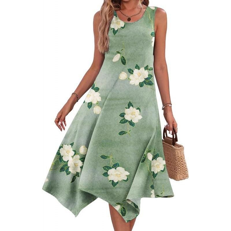 Women’s Midi Dress – Cotton Blend – A-Line Fit – Sleeveless – Asymmetrical Hem – Abstract Print