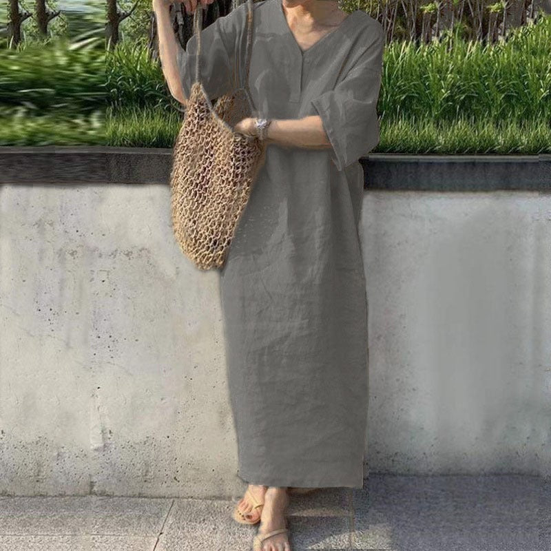 Women’s Maxi Dress – Cotton Linen – V-Neck – Short Sleeve – Relaxed Fit Casual Wear