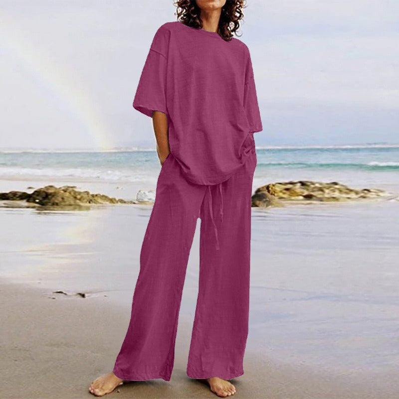 Women’s Two-Piece Set – Relaxed Fit Top with O-Neck – Wide-Leg Pants with Pockets