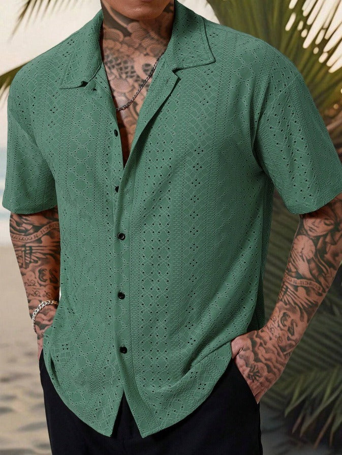 Men’s Casual Shirt - Cotton - Hollow Jacquard Texture - Regular Fit - Short Sleeve