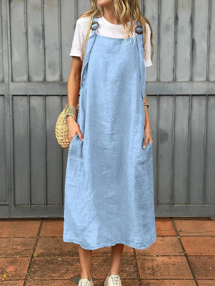 Women’s Midi Dress – Linen – Relaxed Fit – Adjustable Straps – Front Pockets
